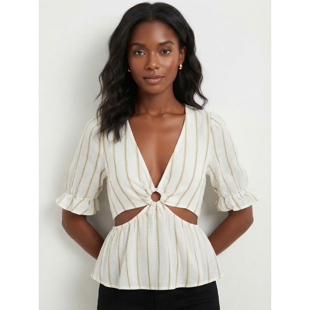 Forever 21 Top Womens Medium Cream Striped Excellent Cutout Peplum O-Ring Blouse